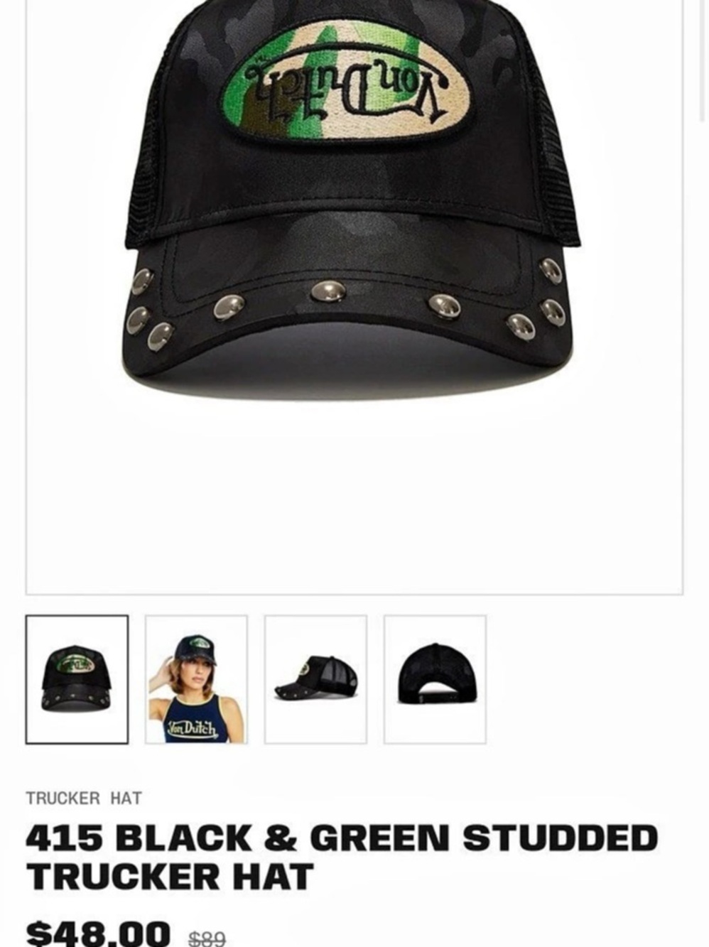 Von Dutch 415 Black & Green Studded Trucker Hat